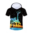 Mens Summer Fashion Black Starry Dropped Oil Painting Coconut Print Short Sleeve Hooded T-Shirt
