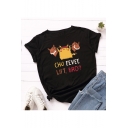Fashion Plain Letter Cartoon Printed Round Neck Rolled Sleeve Knotted Side Sweet Cotton T-Shirts