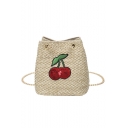 New Fashion Cherry Embroidery Sequin Embellishment Straw Bucket Bag 15*17*11 CM