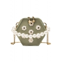 Women's Fashion Hexagon Shape Flower Rivet Embellishment Pearl Handle Crossbody Bag 8*14*6.5 CM