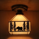 Lodge Kid Bedroom Flush Ceiling Light with Forest Art Glass 1 Bulb American Rustic Ceiling Fixture in Beige