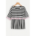Girls Summer Fashion Vertical Striped Print Tassel Hem Loose Relaxed T-Shirt