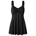 Women's Summer Hot Fashion Ruched V-Neck Sleeveless Plain Mini A-Line Pleated Dress
