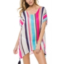 Summer Fashion Colorful Striped Print V-Neck Short Sleeve Holiday Mini Beach Cover Up Dress