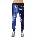 Popular Fashion Letter HE TOOK FLIGHT Character Printed Drawstring Waist Blue Casual Loose Sport Sweatpants