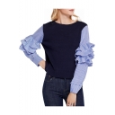 Unique Trendy Striped Ruffled Long Sleeve Round Neck Navy Casual T-Shirt