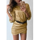Womens Trendy Night Club Glitter Round Neck Lantern Long Sleeve Mini Bodycon Dress