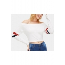 Summer Simple Striped Long Sleeve Sexy Off the Shoulder White Slim Crop Tee