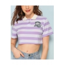 Girls Trendy Purple Striped Printed Short Sleeve Turn-Down Collar Casual Crop Polo Shirt