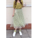 Summer Popular Green Polka Dot Printed Elasticated Waist Maxi Flared Mesh Skirt