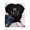 Simple Letter AND 5 6 7 8 Print Black Short Sleeve Casual Tee