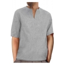 Mens New Trendy Ethnic Style V-Neck Short Sleeve Plain Casual Linen T-Shirt