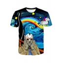 Creative Rainbow Unicorn 3D Oil Painting Print Blue Short Sleeve T-Shirt