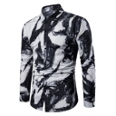 Chinese Style Ink and Wash Painting Mens Long Sleeve Fitted Button Shirt