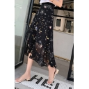 New Arrival Fashion Black Star Moon Print High Waist Midi Chiffon Wrap Skirt for Sweet Women
