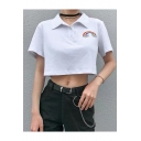 Summer Hot Trendy White Rainbow Printed Button Front Short Sleeve Lapel Collar T-Shirts