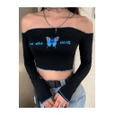 Womens Fashion Plain Butter Letter Printed Off Shoulder Long Sleeve Contrast Trim Slim Fitted Umbilical T-Shirt