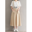 Hot Stylish Womens Plain Elastic Waist Straps Pocket Front Maxi Linen Skirt