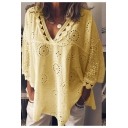 Fashion Lace Trim Hollow Out Crochet V-Neck Oversized Loose Plain Blouse Top for Women