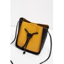 Trendy Color Block PU Leather Drawstring Crossbody Bucket Bag for Women 16*11.5*18.5 CM
