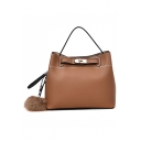 Women's Elegant Fashion Solid Color PU Leather Letter Ribbon Plush Ball Embellishment Crossbody Bucket Handbag 24*19*12 CM