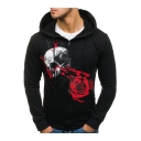 Trendy Rose Skull Printed Long Sleeve Zip Up Fitted Drawstring Hoodie for Men