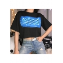 Summer Hot Fashion Letter CUTE AND PSYCHO Print Round Neck Short Sleeve Black Crop Tee