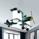 Cartoon Airplane LED Ceiling Pendant with Cylinder Shade 4 Heads Metal Hanging Light in Green/Red for Kindergarten