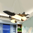 Cool Black Pendant Light Military Airplane Metal Suspension Light with Mini Pulley for Boys Bedroom