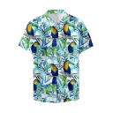 Summer Fashion Holiday Floral Bird Parrot Printed Short Sleeve Hawaiian Shirt for Guys