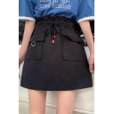 Girls Trendy Plain Drawstring Elastic Waist Flap Pocket Front Mini A-Line Skirt