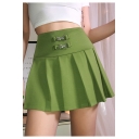 Girls Cool Metal Buckle Embellished High Rise Popular Green Mini A-Line Pleated Skirt