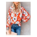 Womens Summer Holiday Tropical Floral Printed V-Neck Long Sleeve Loose Casual Blouse
