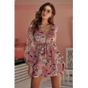 Summer Pink Chic Floral Printed V-Neck Long Sleeve Tied Waist Mini A-Line Dress
