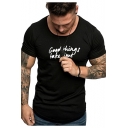 Mens Hip Hop Style Simple Letter GOOD THINGS TAKE TIME Short Sleeve Slim Fit T-Shirt