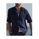 Mens Stylish Simple Plain Three-Quarter Sleeve Button Front Loose Fit Linen Shirt