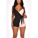 Summer New Stylish Sexy Straps V Neck Sleeveless Tied Waist Colorblock Patched Slim Romper