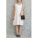 Womens Summer Vintage Chinese Style Frog Button Side Round Neck Sleeveless Midi Linen Tank Dress