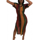 Womens Multicolor Striped Print Split Mesh T-Shirt Dress