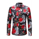 Fashion Floral Skull Print Mens Long Sleeve Slim Fit Button Up Shirt