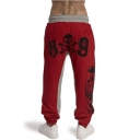 Men's Cool Fashion Colorblock Letter 89 Skull Printed Drawstring Waist Loose Fit Casual Cotton Sports Sweatpants