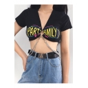 Girls Hot Trendy Cool Letter Chain Embellished Deep V-Neck Short Sleeve Black Fitted Crop Tee