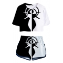 Fashion Black and White Comic Character Print Short Sleeve Crop Tee with Loose Shorts Two-Piece Set