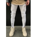 Men's Cool Fashion Solid Color Knee Pleated Zipped Cuffs White Skinny Ripped Jeans