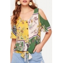 Womens Hot Fashion Off Shoulder Floral Print Button Front Knotted Hem Holiday Blouses