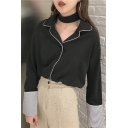 Hot Trendy Womens Lapel Collar Contrast Trim Striped Long Sleeve Button Front Loose Chiffon Sleeve