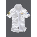 Mens Cool Letter Badge Patched Flap Pocket Front Short Sleeve Military Shirt