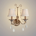 2 Lights Curved Sconce Light with Crystal Bead Antique Style Metal Wall Light in Brass for Bedroom Stair