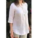Summer Fashion Simple Plain Button V-Neck Half Sleeve Loose Fit Casual Blouse Top
