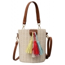 New Fashion Plain Colored Tassel Embellishment Straw Bucket Handbag 20*16*16 CM